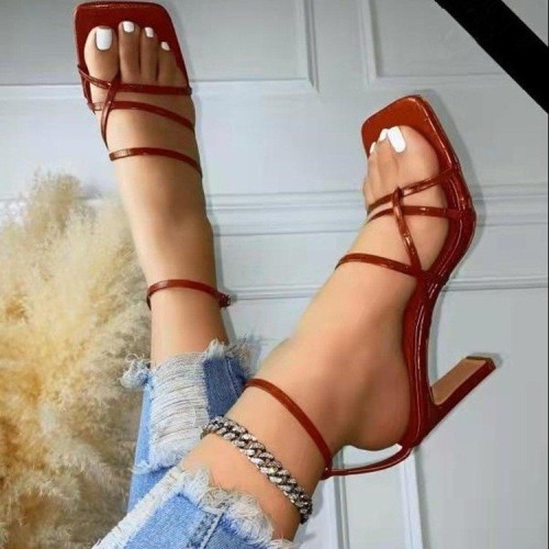 Summer new large size high heel sandals one word buckle women's shoes