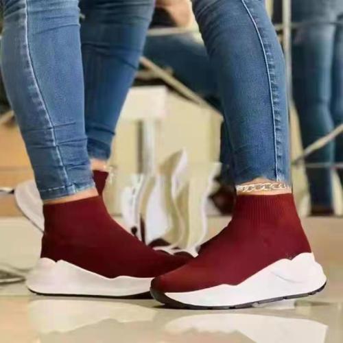 Spring and autumn new large size women's shoes high-top flying woven socks shoes casual thick-soled breathable flat shoes
