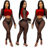 Sexy color matching long-sleeved short blouse mesh yarn hot drilling trousers two-piece suit