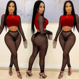 Sexy color matching long-sleeved short blouse mesh yarn hot drilling trousers two-piece suit