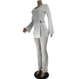 Pit striped flared sleeve mid-waist pants split V-neck solid color two-piece suit