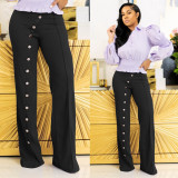 High-waisted, silver-tone buttons, straight-leg pants