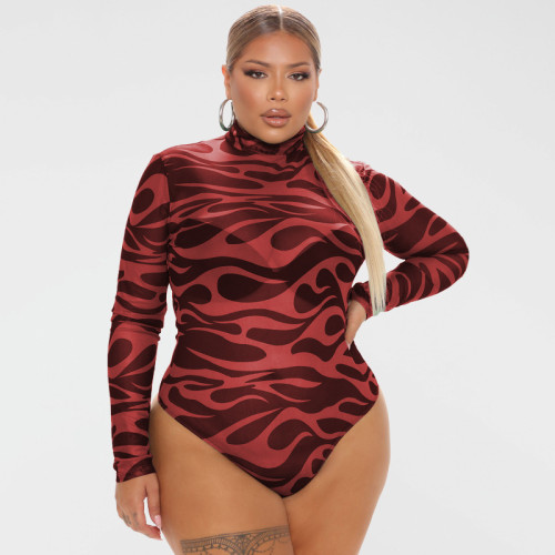 Spring long-sleeved printing and dyeing sexy tight-fitting breasted plus size bodysuit