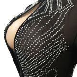 Nightclub hot rhinestone mesh see-through long-sleeved hollow skirt dress