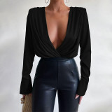 2022 spring and summer V-neck padded shoulder pleated long-sleeved shirt one-piece top