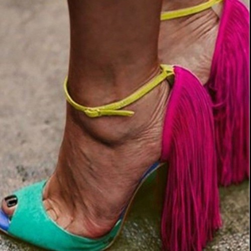 Color-blocking fringed one-word buckle fish mouth high heels