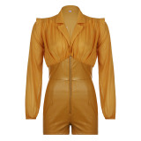 Solid color stitching PU leather waist lapel deep V long-sleeved shirt top jumpsuit shorts