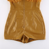 Solid color stitching PU leather waist lapel deep V long-sleeved shirt top jumpsuit shorts
