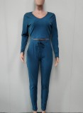 Autumn and winter model solid color pit strip elastic waist slim two-piece suit