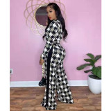 Sexy deep V-neck houndstooth wide-leg jumpsuit with belt