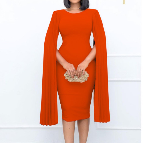 Pleated round neck solid color wrapped hips tight dress