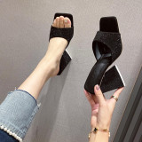 Triangle heel high-heel sandals with rhinestones