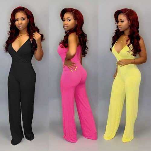 Solid color sexy suspender jumpsuit trousers