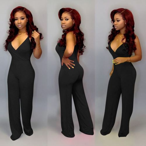 Solid color sexy suspender jumpsuit trousers