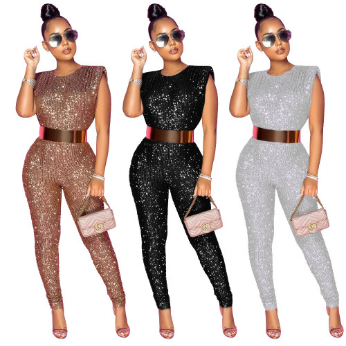 2022 spring and autumn new Sequin sexy sleeveless slim fit one-piece pants for women without belt
