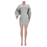 2021 autumn winter nightclub clothes hollow out lantern sleeves sexy sweater dress