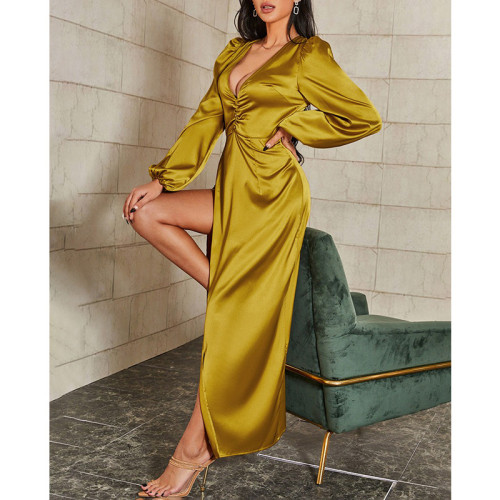 2022 spring fashion new deep V-neck high waist split Lantern Sleeve Long Sleeve Dress