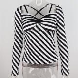 2022 spring new women's fashion stripe printed French square neck open back cross suspender long sleeve T-shirt