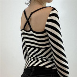 2022 spring new women's fashion stripe printed French square neck open back cross suspender long sleeve T-shirt