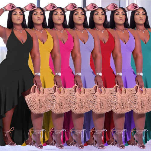 Spring / summer 2022 large women's solid color Ruffle slit suspender dress