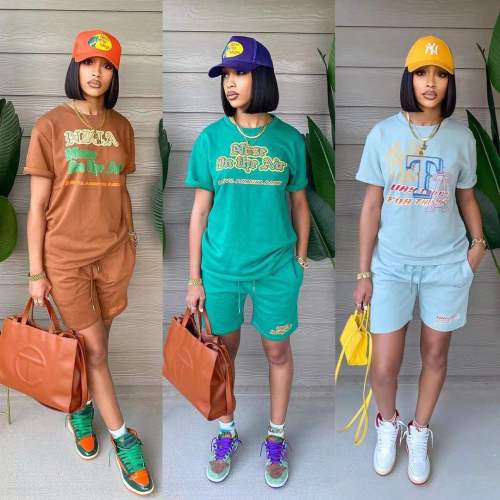 2022 spring and summer new short sleeve shorts letter printing casual fashion two-piece set