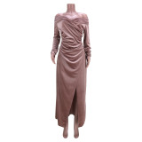 autumn winter Solid Color Velvet Knotted Long Sexy Nightclub Dress