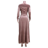 autumn winter Solid Color Velvet Knotted Long Sexy Nightclub Dress
