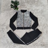 Fashion sequin splicing casual two-piece suit