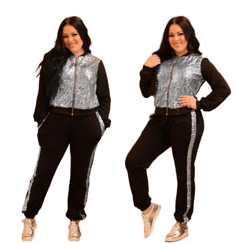 Fashion sequin splicing casual two-piece suit