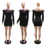 Fashion Feather One Shoulder Party Sexy Bag Hip Long Sleeve Dress