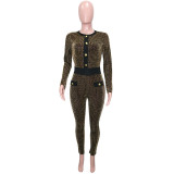Sexy Button Houndstooth Gold Jacquard Long Sleeve Slim Jumpsuit