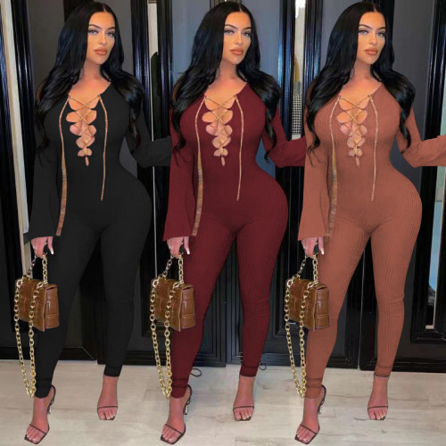 Pure color chain strap flared sleeve zipper sexy jumpsuit