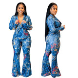 Professional printed long-sleeved flared pants fashion casual two-piece suit