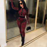 Sexy Button Houndstooth Gold Jacquard Long Sleeve Slim Jumpsuit
