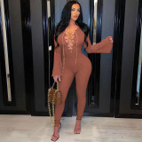 Pure color chain strap flared sleeve zipper sexy jumpsuit