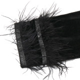 Fashion velvet round neck feather A-line bag hip dress