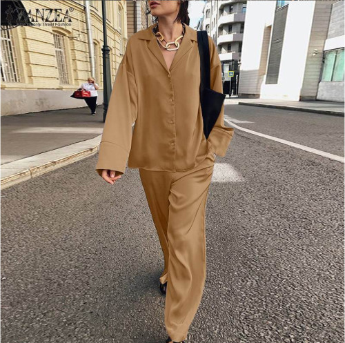 2022 spring satin shirt pants street OL casual two-piece suit   S--5XL