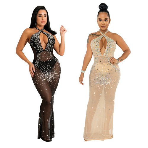 The host red carpet sexy evening dress, tight-fitting perspective hot diamond dress with panties