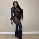 Sexy see-through gauze long-sleeved two-piece nightclub clothes