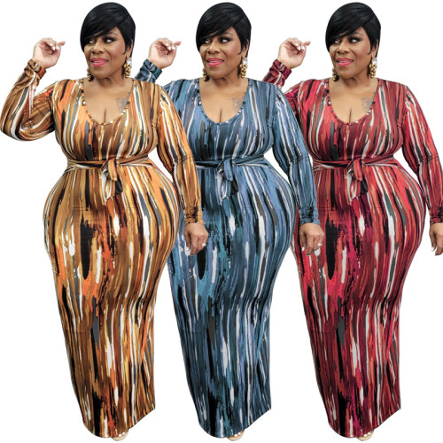 Spring printed and dyed U-neck tight-fitting long plus size dress with belt