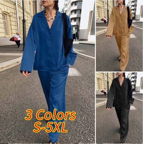2022 spring satin shirt pants street OL casual two-piece suit   S--5XL