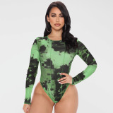 Spring round neck print long-sleeved tight-breasted plus size bodysuit