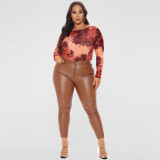 Spring round neck print long-sleeved tight-breasted plus size bodysuit