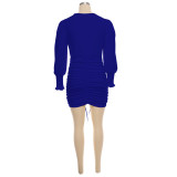 2021 autumn winter women's dress solid color long sleeve Hip Wrap Skirt strap drawstring V-neck women's dress