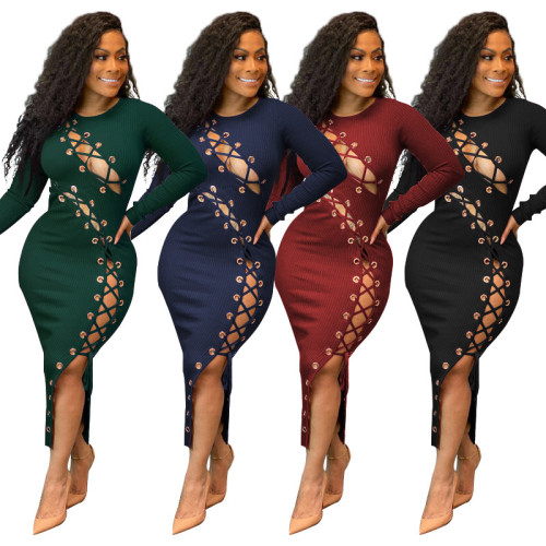 2022 spring pit strip hollow out bandage fashion sexy tight women's dress