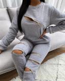 Autumn and winter 2021 new casual personalized zipper solid color sweater set two-piece set