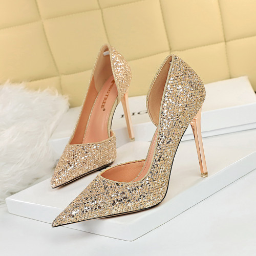 Sexy nightclub stiletto super high heels with shallow mouth and pointed toe side hollow sequins