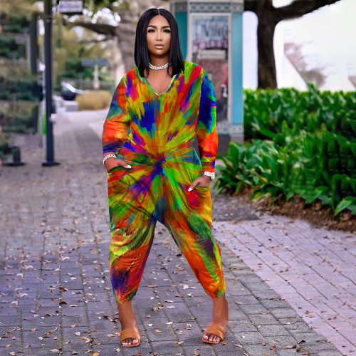 Spring / summer 2022 new large women's Rainbow blooming Print Long Jumpsuit
