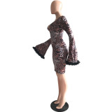 2021 autumn winter sexy fashion leopard horn sleeve dress