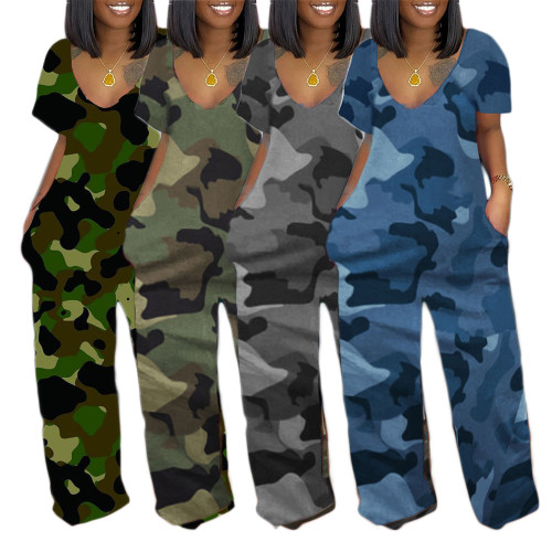 Autumn tie-dye printed camouflage loose jumpsuit